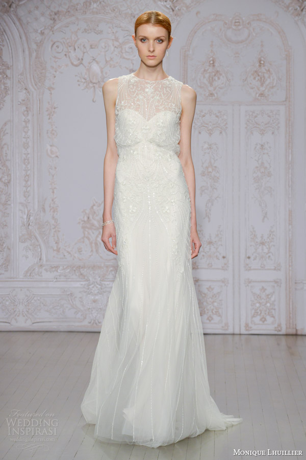 monique lhuillier bridal fall 2015 timeless sleeveless tulle sheath wedding dress silver white embroidery illusion neckline