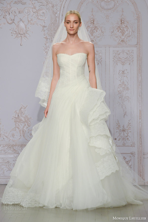 monique lhuillier bridal fall 2015 whisper strapless tulle lace ball gown wedding dress cascading horsehair skirt