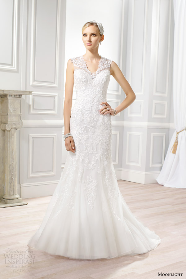 moonlight bridal couture spring 2015 style h1271 sleeveless lace wedding dress front view keyhole back