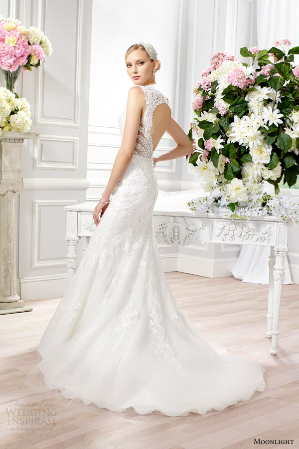 moonlight bridal couture spring 2015 style h1271 sleeveless lace wedding dress keyhole back train side view