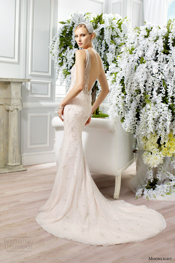 moonlight bridal couture spring 2015 style h1273 sleeveless beaded sheath wedding dress ivory gold back view train