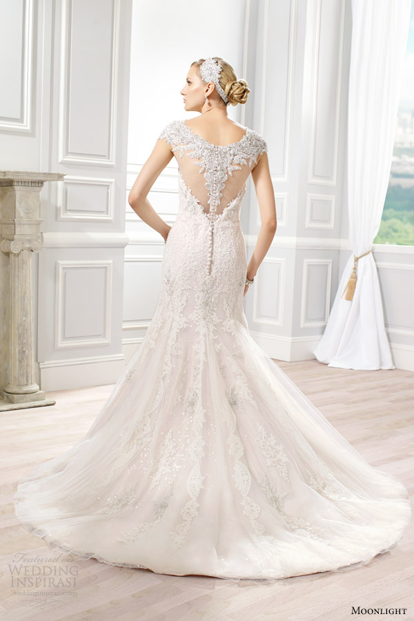 moonlight bridal couture spring 2015 style h1275 fit flare beaded cap sleeve wedding dress ivory taupe back view
