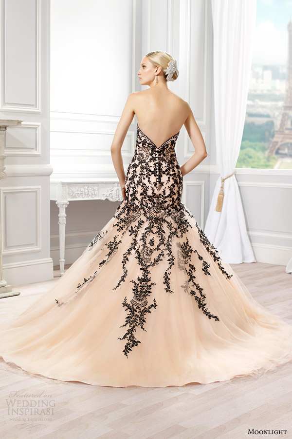 moonlight couture bridal spring 2015 style h1272 strapless colored mermaid wedding dress peach black lace appliques back