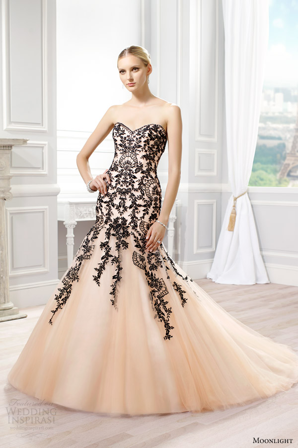 moonlight couture bridal spring 2015 style h1272 strapless colored mermaid wedding dress peach black lace appliques
