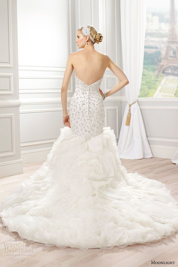 moonlight couture bridal spring 2015 style h1274 strapless mermaid wedding dress beaded bodice organza skirt back view train