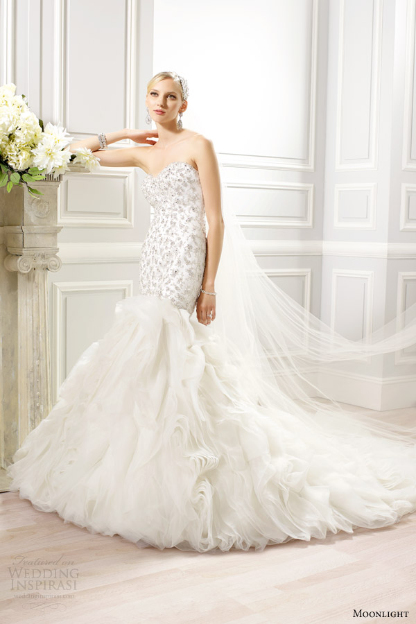 moonlight couture bridal spring 2015 style h1274 strapless mermaid wedding dress beaded bodice organza skirt