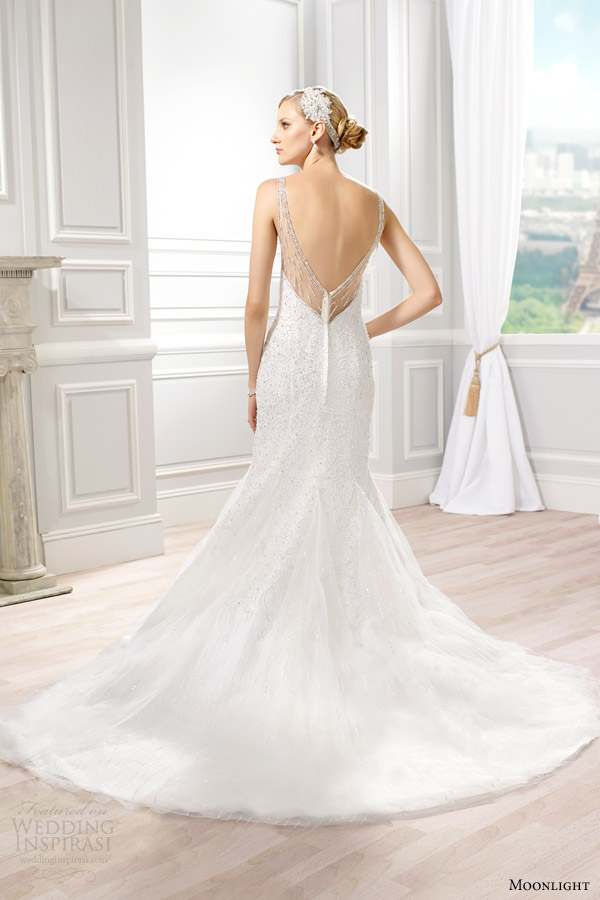 moonlight couture bridal spring 2015 style h1276 sleeveless beaded bateau neck mermaid wedding dress back view