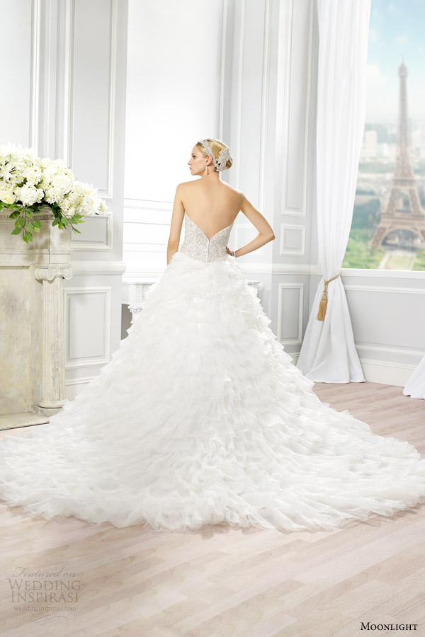moonlight couture wedding dress spring 2015 style h1277 strapless ball gown beaded bodice full organza skirt back view train