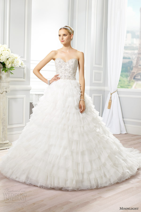 moonlight couture wedding dress spring 2015 style h1277 strapless ball gown beaded bodice full organza skirt