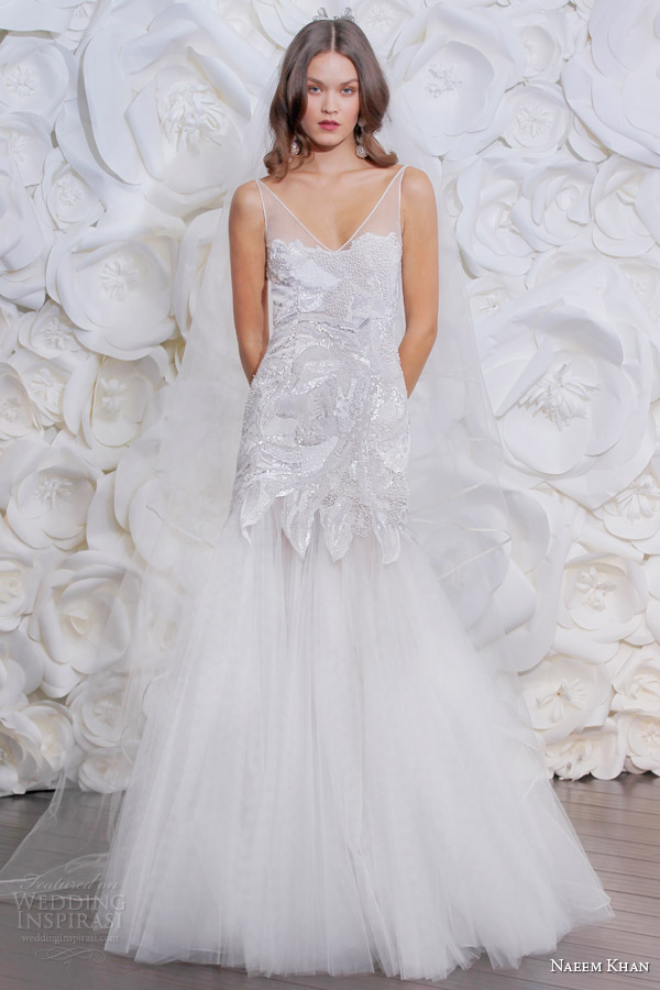 naeem khan bridal fall 2015 2016 london sleeveless fit flare trumpet wedding dress illusion v neckline beaded bodice