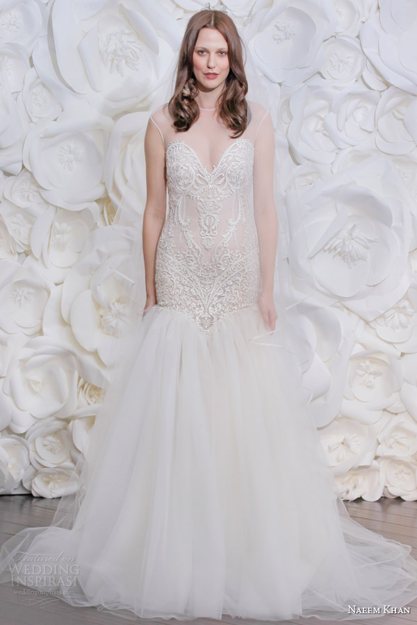 naeem khan bridal fall 2015 india illusion high neckline fit flare wedding dress threadwork bodice