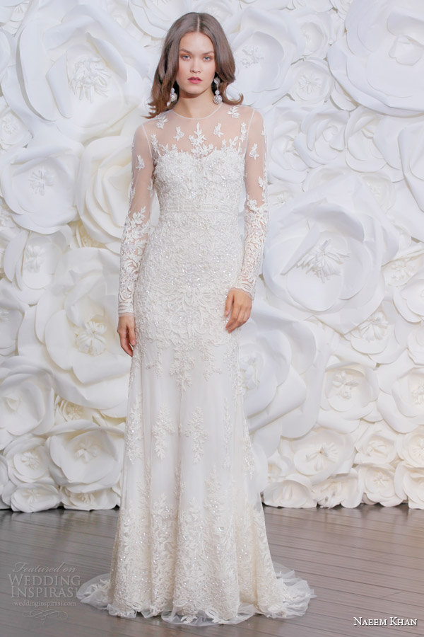 naeem khan fall 2015 bridal marbella floral beaded long sleeve sheath high neck wedding dress