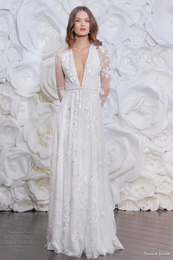 naeem khan fall 2015 bridal morocco illusion long sleeve wedding dress deep v neckline