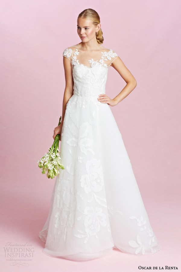 oscar de la renta bridal fall 2015 illusion cap sleeve wedding dress a line silhouette