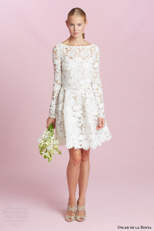 oscar de la renta bridal fall 2015 long sleeve guipure lace short wedding dress