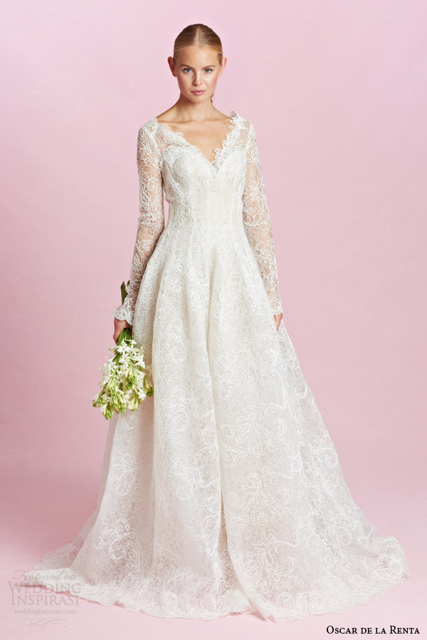 oscar de la renta bridal fall 2015 long sleeve lace ball gown wedding dress v neckline