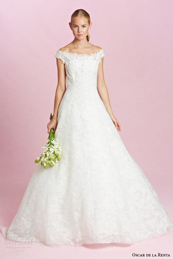 oscar de la renta bridal fall 2015 off shoulder straps a line wedding dress