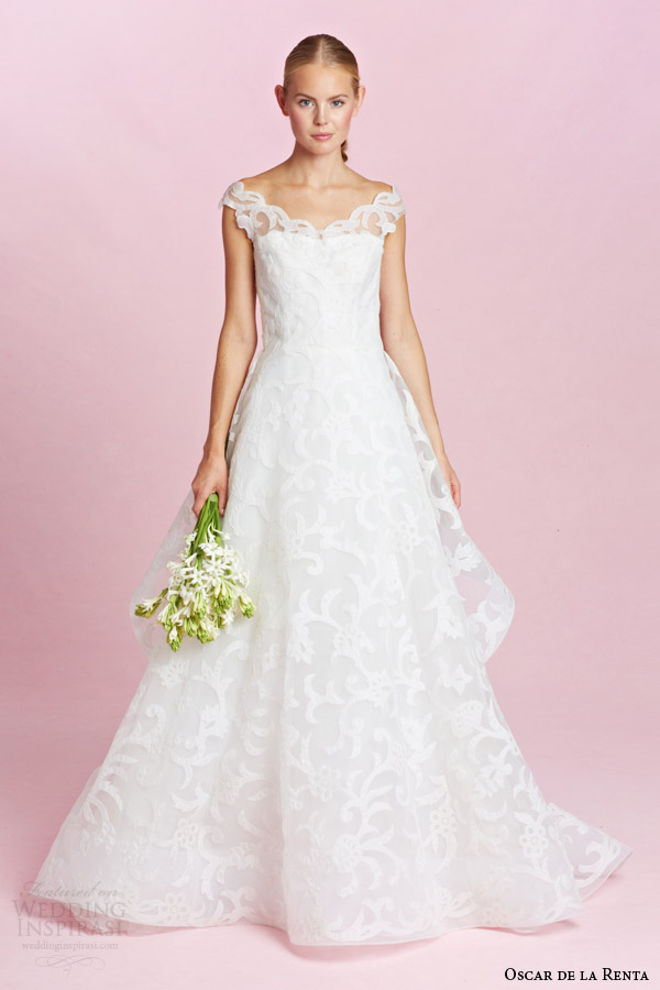 oscar de la renta bridal fall 2015 off the shoulder lace a line wedding dress