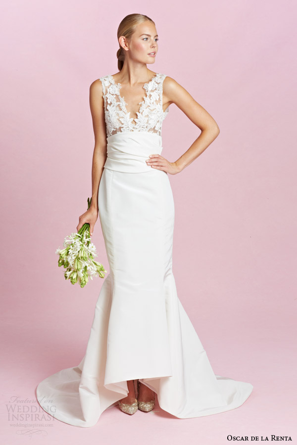 oscar de la renta bridal fall 2015 sleeveless column wedding dress illusion straps v neckline bodice