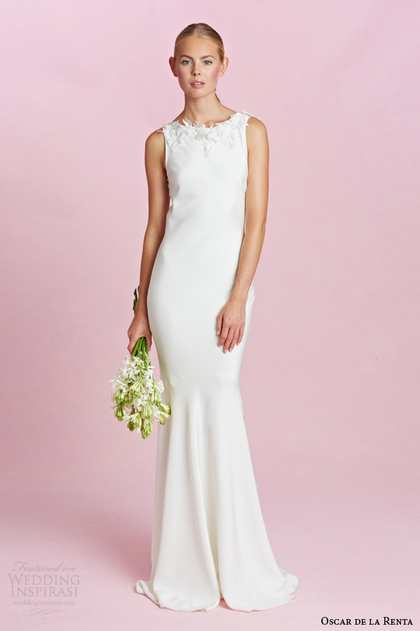 oscar de la renta bridal fall 2015 sleeveless sheath wedding dress illusion portrait back