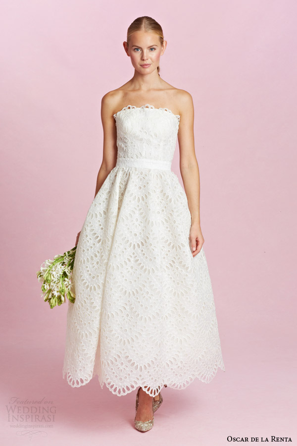 oscar de la renta bridal fall 2015 strapless tea length eyelet short wedding dress