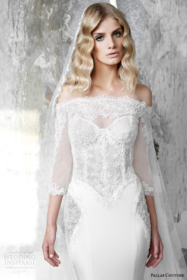 pallas couture 2015 arlette off shoulder sheath wedding dress three quarter sleeves close up appliqued bodice pallas couture 2015 arlette off shoulder sheath wedding dress three quarter sleeves close up appliqued bodice