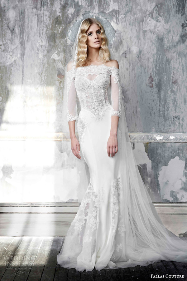 pallas couture 2015 arlette off shoulder sheath wedding dress three quarter sleeves pallas couture 2015 arlette off shoulder sheath wedding dress three quarter sleeves