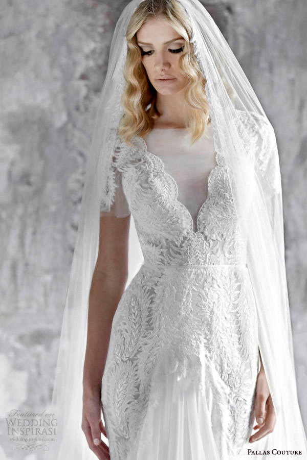 pallas couture 2015 asselina v neck short sleeve wedding dress lace detail contouring over hips front slit close up pallas couture 2015 asselina v neck short sleeve wedding dress lace detail contouring over hips front slit close up