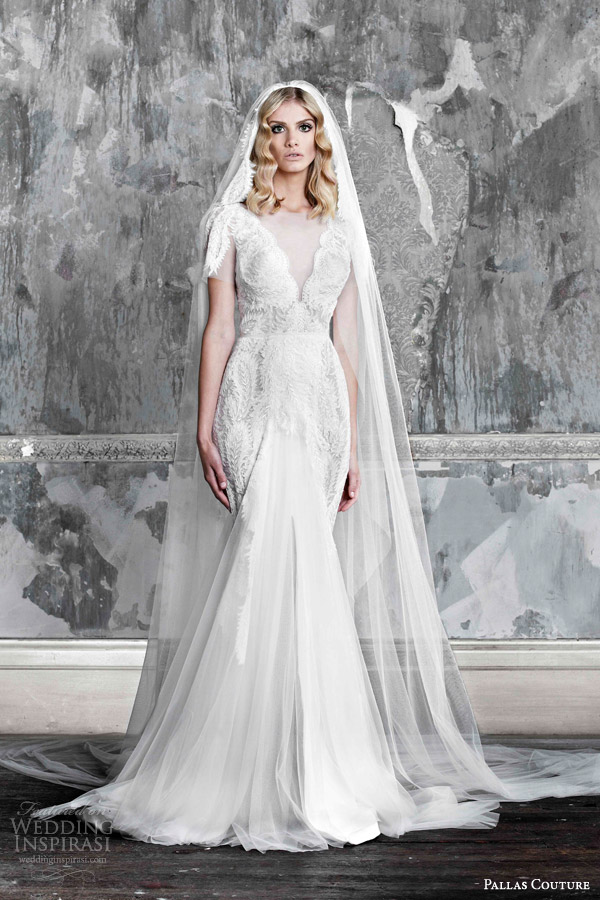 pallas couture 2015 asselina v neck short sleeve wedding dress lace detail contouring over hips front slit pallas couture 2015 asselina v neck short sleeve wedding dress lace detail contouring over hips front slit