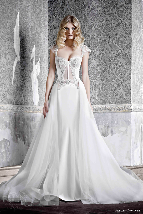 pallas couture bridal 2015 angele silk crepe cap sleeve wedding dress with hand applique lace detail transparent bodice overskirt pallas couture bridal 2015 angele silk crepe cap sleeve wedding dress with hand applique lace detail transparent bodice overskirt
