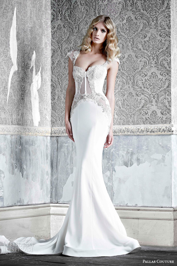 pallas couture bridal 2015 angele silk crepe cap sleeve wedding dress with hand applique lace detail transparent bodice pallas couture bridal 2015 angele silk crepe cap sleeve wedding dress with hand applique lace detail transparent bodice
