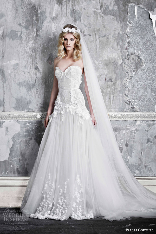 pallas couture bridal 2015 la promesse clarette strapless wedding dress lace applique petal detail pallas couture bridal 2015 la promesse clarette strapless wedding dress lace applique petal detail