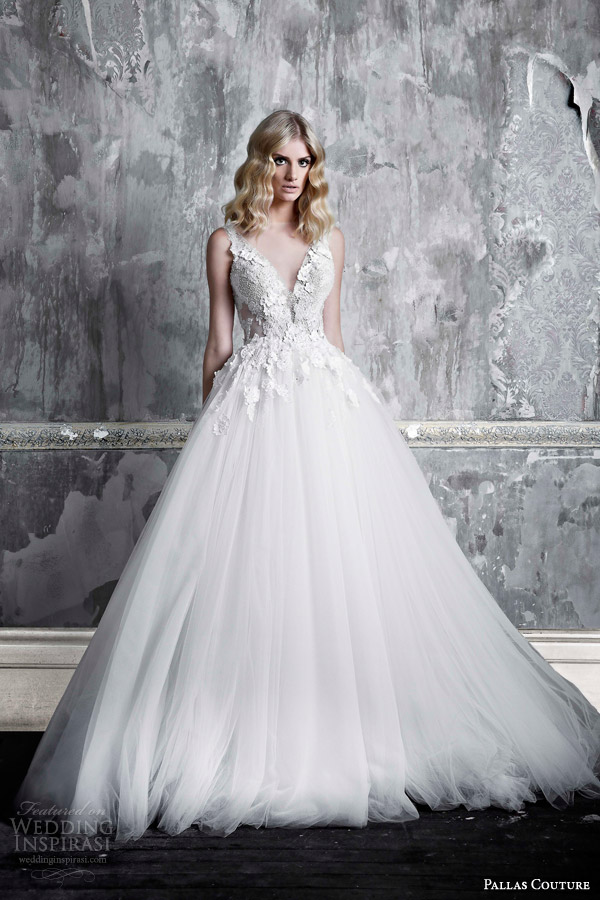 pallas couture wedding dress 2015 melacine sleeveless ball gown hand appliqued sequins floral lace detail