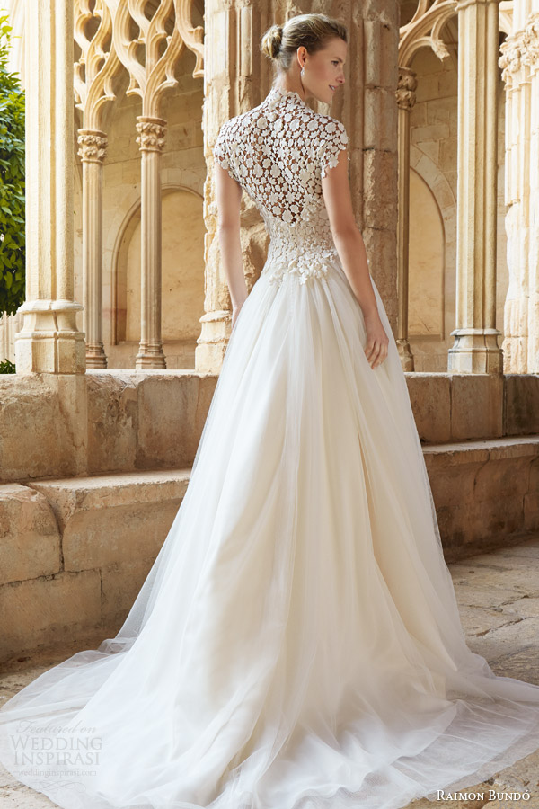 raimon bundo 2015 natural bridal collection musica cap sleeve wedding dress high neck lace bodice back view train