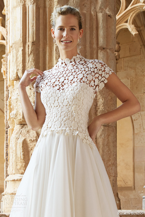 raimon bundo 2015 natural bridal collection musica cap sleeve wedding dress high neck lace bodice close up