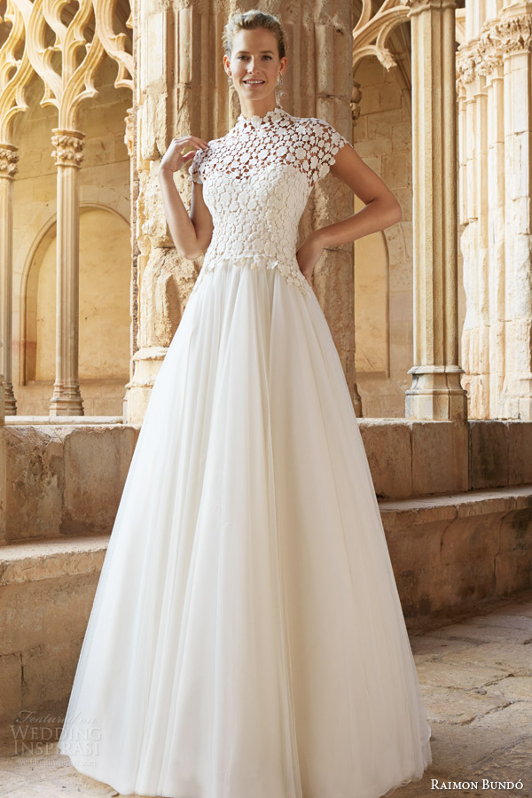 raimon bundo 2015 natural bridal collection musica cap sleeve wedding dress high neck lace bodice