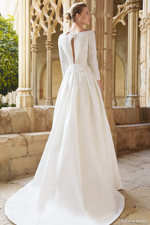 raimon bundo bridal 2015 maxim long sleeve bateau neckline wedding dress pleated skirt keyhole back view