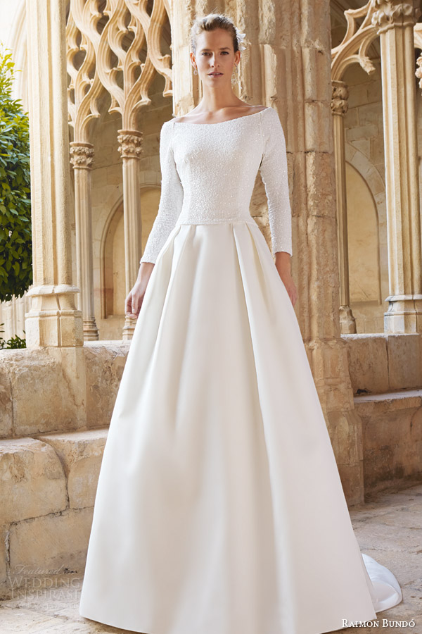 raimon bundo bridal 2015 maxim long sleeve beateau neckline wedding dress pleated skirt