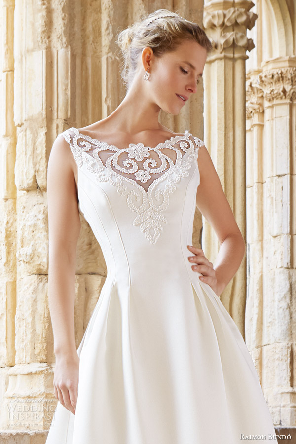 raimon bundo bridal 2015 natural collection montreal sleeveless wedding dress illusion neckline close up bodice