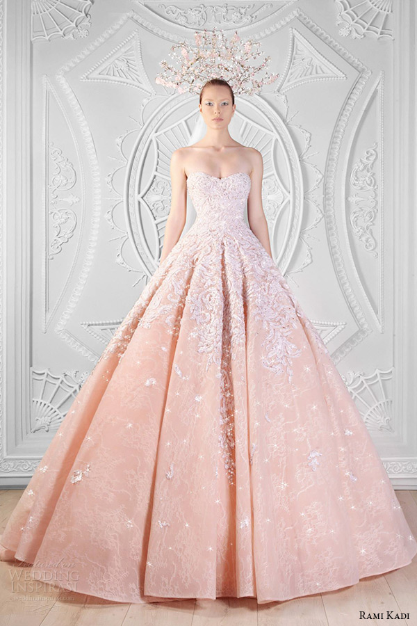 rami kadi spring 2014 couture collection hand embroidered sweetheart neckline strapless peach lace tulle ball gown