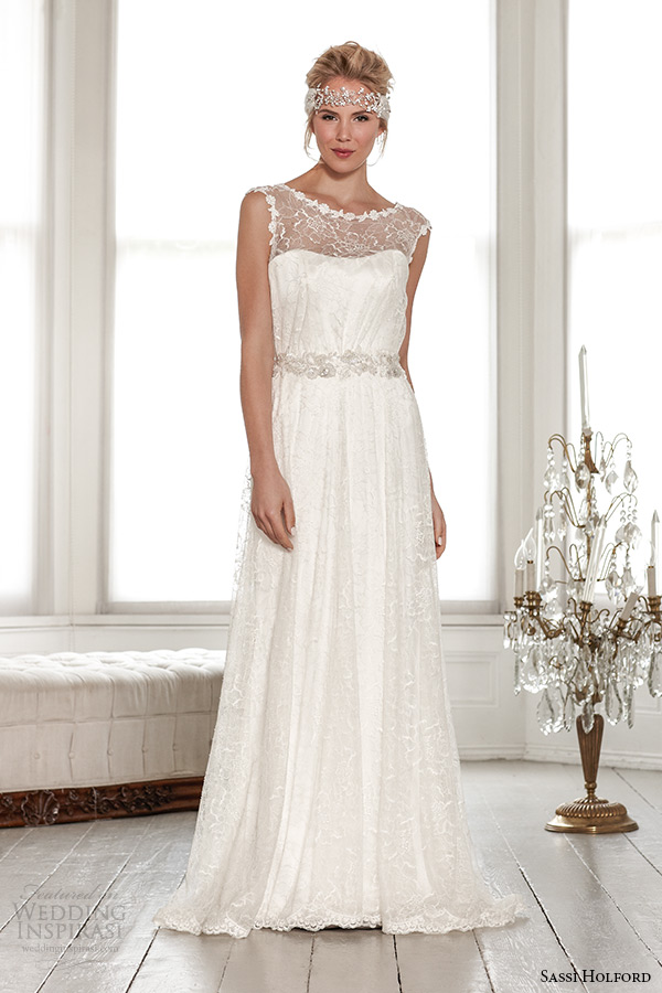 sassi holford wedding dress 2015 bridal signature collection boat illusion neckline a line dress with belt style maya