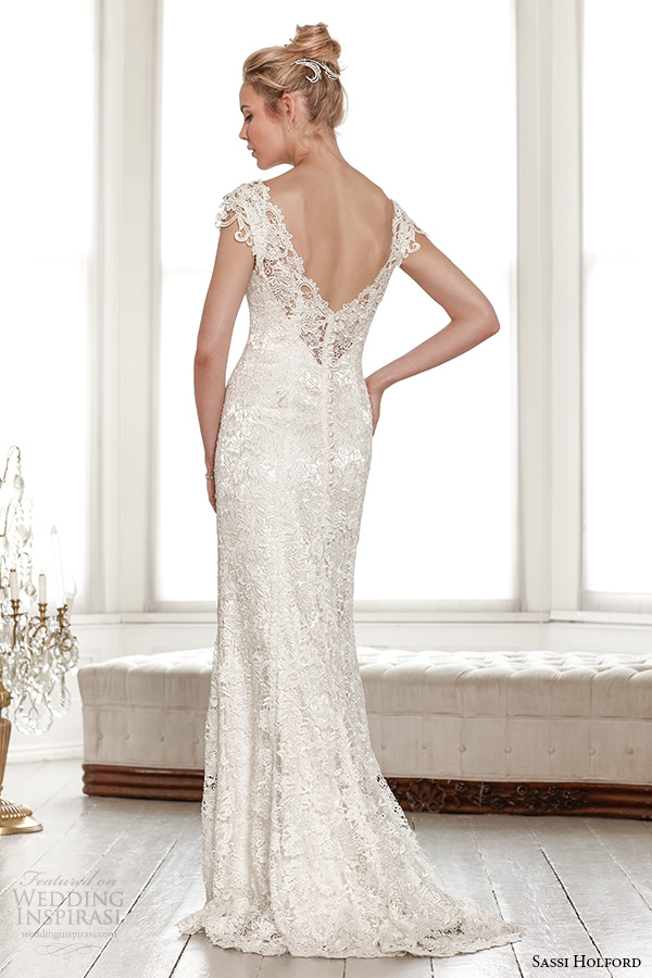 sassi holford wedding dress 2015 bridal signature collection boat lace neckline sleeveless lace sheath dress with v shaped open back style lindsay back