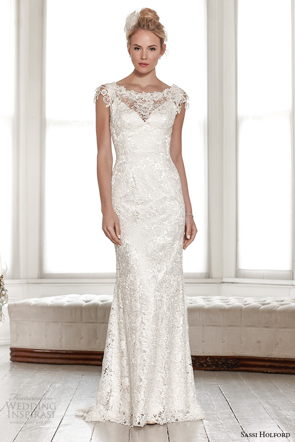 sassi holford wedding dress 2015 bridal signature collection boat lace neckline sleeveless lace sheath dress with v shaped open back style lindsay