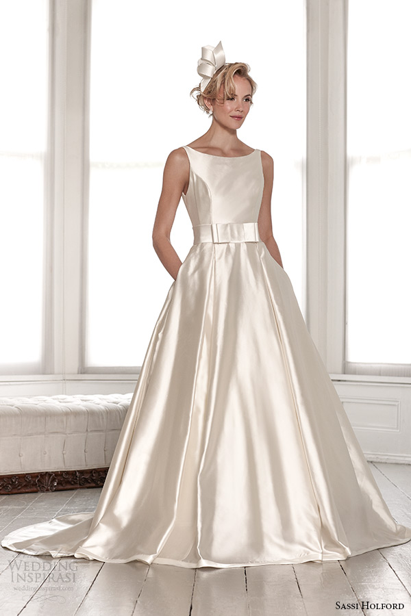 sassi holford wedding dress 2015 bridal signature collection boat neckline a line low cut back with pockets style bryony front