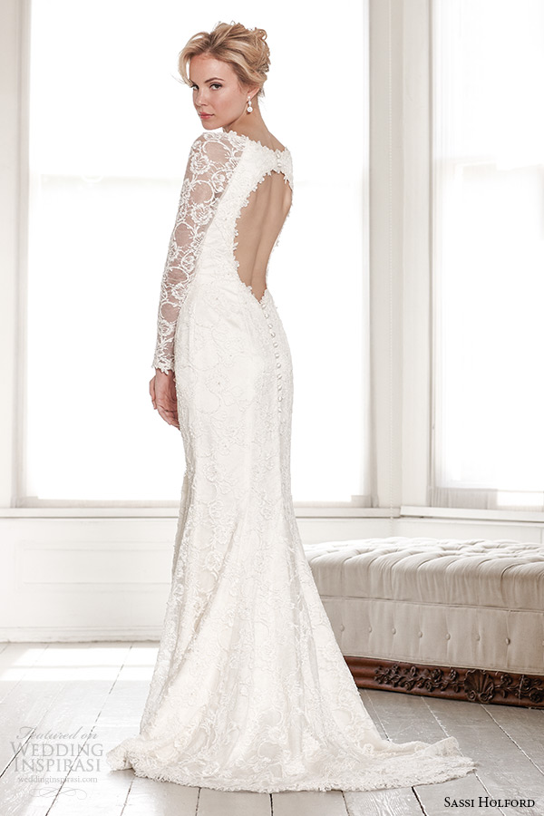 sassi holford wedding dress 2015 bridal signature collection boat neckline long sleeves keyhole back sheath dress style estelle back