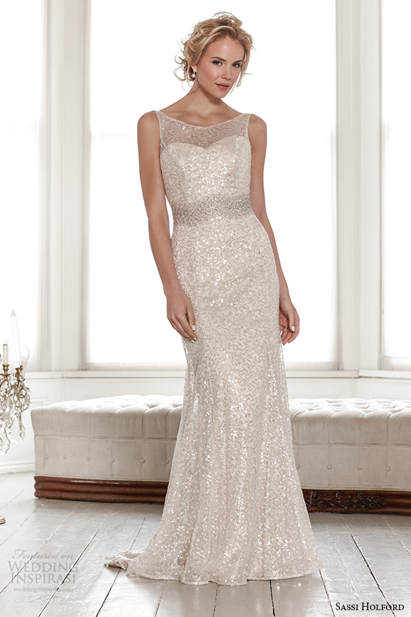 sassi holford wedding dress 2015 bridal signature collection boat neckline sleeveless shimmering sheath dress style leah