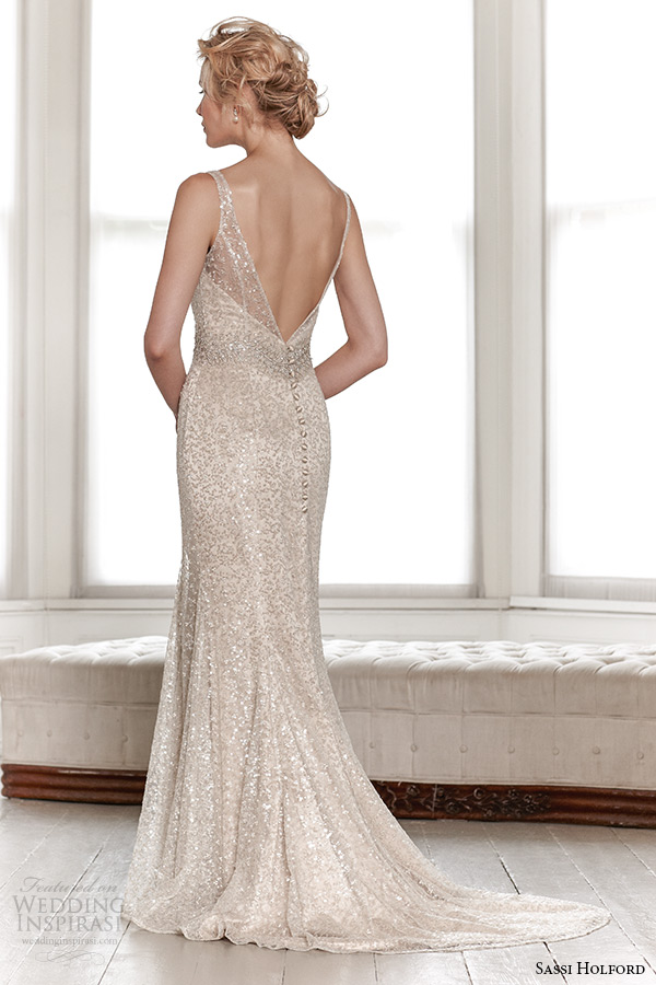 sassi holford wedding dress 2015 bridal signature collection boat neckline sleeveless shimmering sheath dress with v shaped open back style leah back