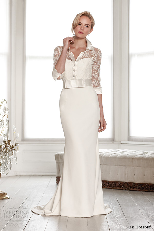 sassi holford wedding dress 2015 bridal signature collection catrina three quarter sleeve shirt strapless sweetheart sheath style cartrina