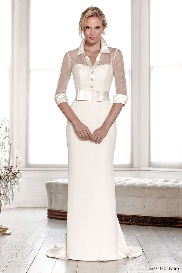 sassi holford wedding dress 2015 bridal signature collection collar sheer three quarter sleeve shirt sheath dress style veronica