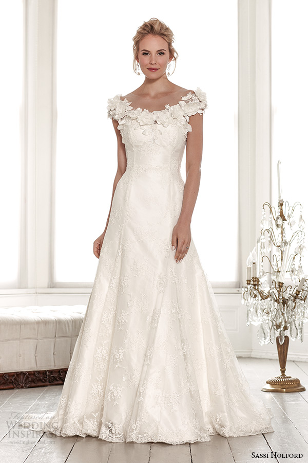 sassi holford wedding dress 2015 bridal signature collection flora off the shoulder neckline a line style christelle front